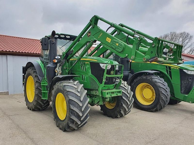 John Deere 6215R 20/20 AutoQuad Plus ECO + TLS + John Deere H380 frontloader + Compressed air trailer brakes